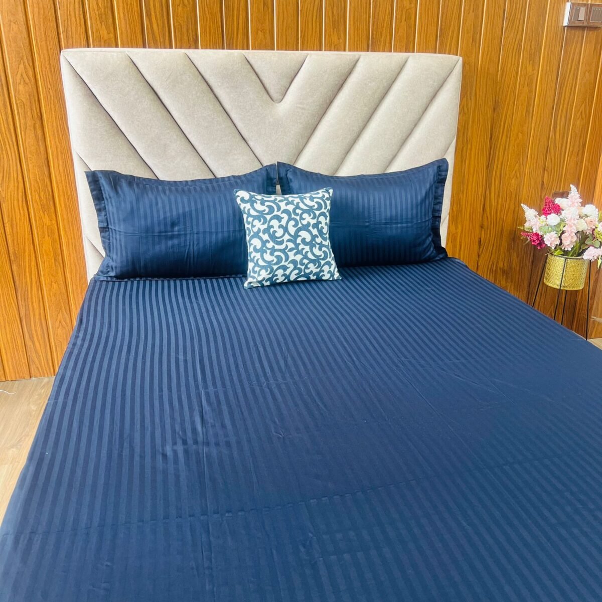 Egyptian Stripe Bed Sheet - Navy Blue - Sri Lanka - Image 2