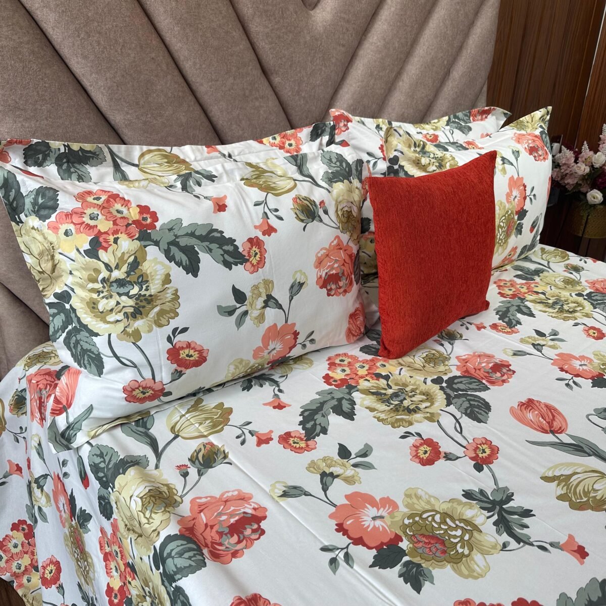 Cotton Bedsheet - PR White Peach Rose - Sri Lanka