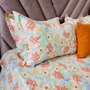 Cotton Bedsheet - Mint Peach Floral - Sri Lanka