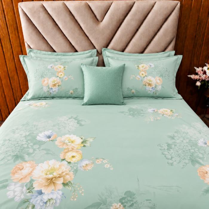 Mint Floral Bedding with Plush Headboard